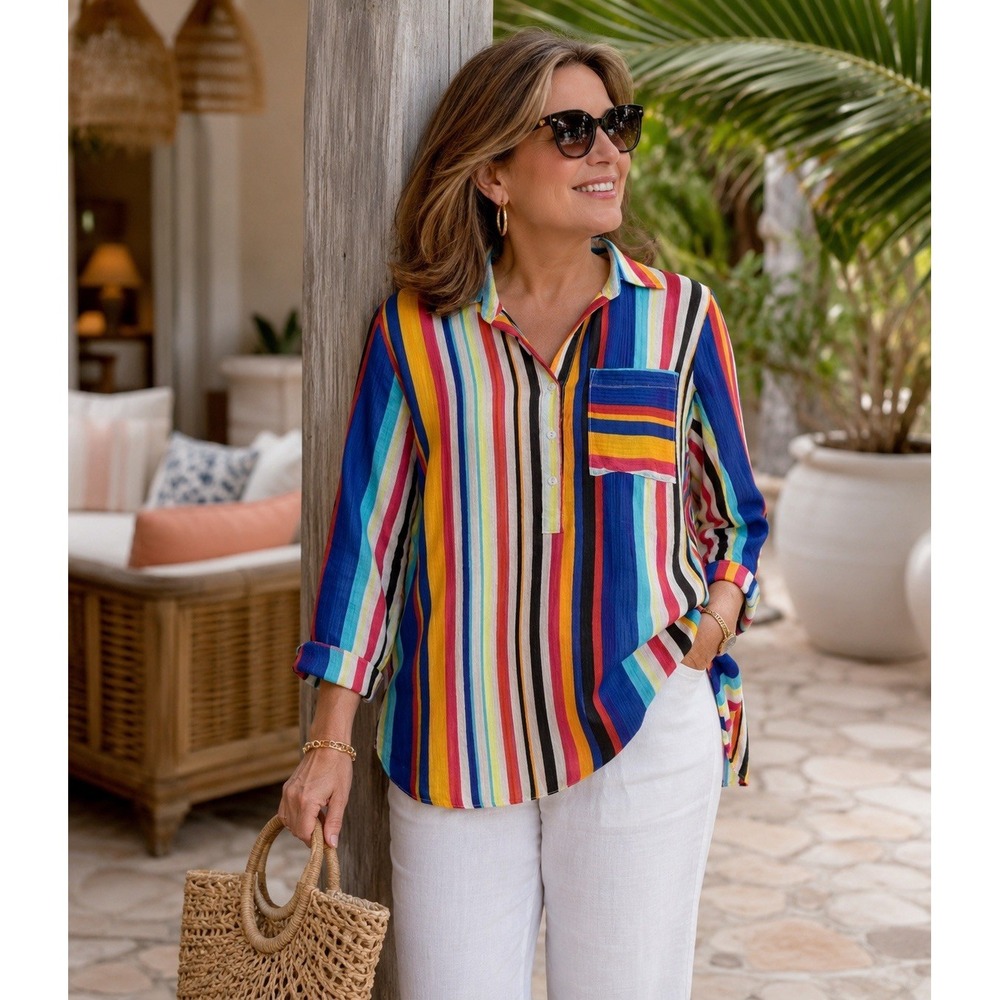 New Life Style Stripped Shirt Women's PM Multicolor Long Sleeve Blouse